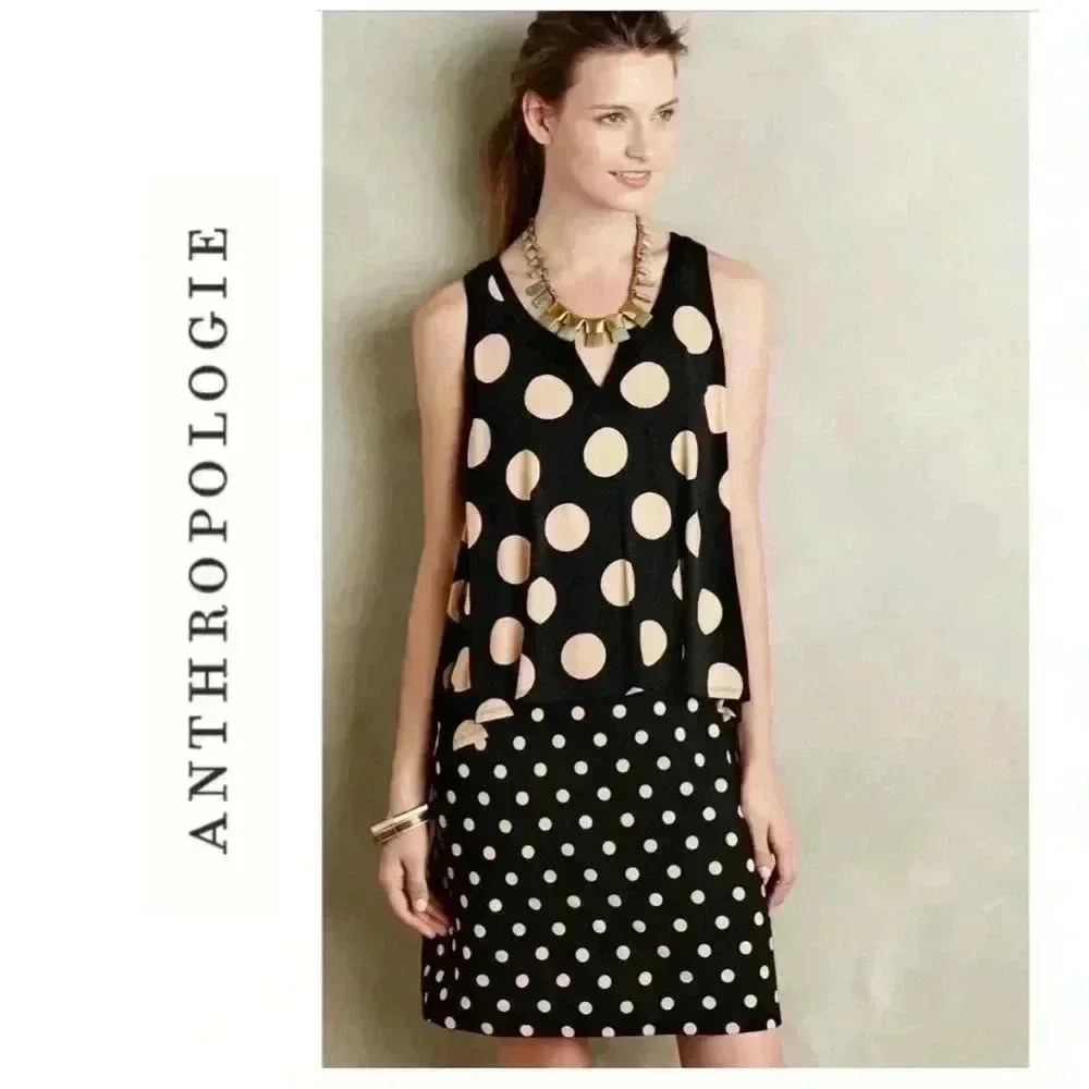 Anthropologie Maeve Davina Layered Dress Polka Dot Black Cream Small